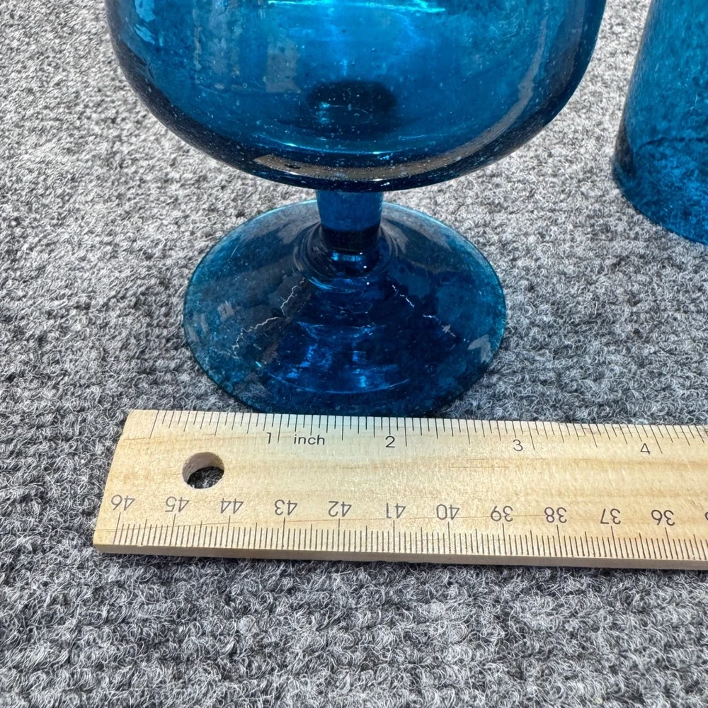 Handcrafted Bubble Glass Goblet Teal Blue Seeded Mid Century Coastal Boho 2 Pcs